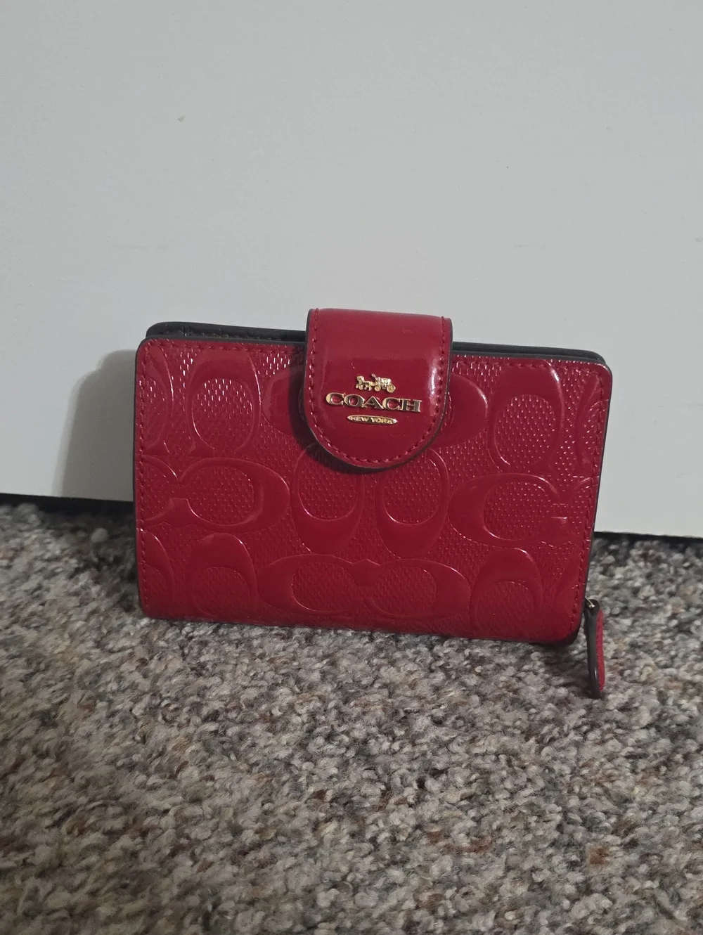 Coach Red Patent Signature Folding Wallet with Gold Logo